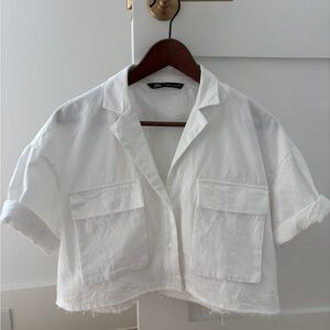 Zara White Cropped Button-Up Shirt